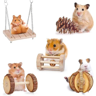 

Natural Wooden Pine Rats Toys Accessories Dumbells Exercise Bell Roller Tunnel Teeth Care Molar Toys Hamster Chew Toys