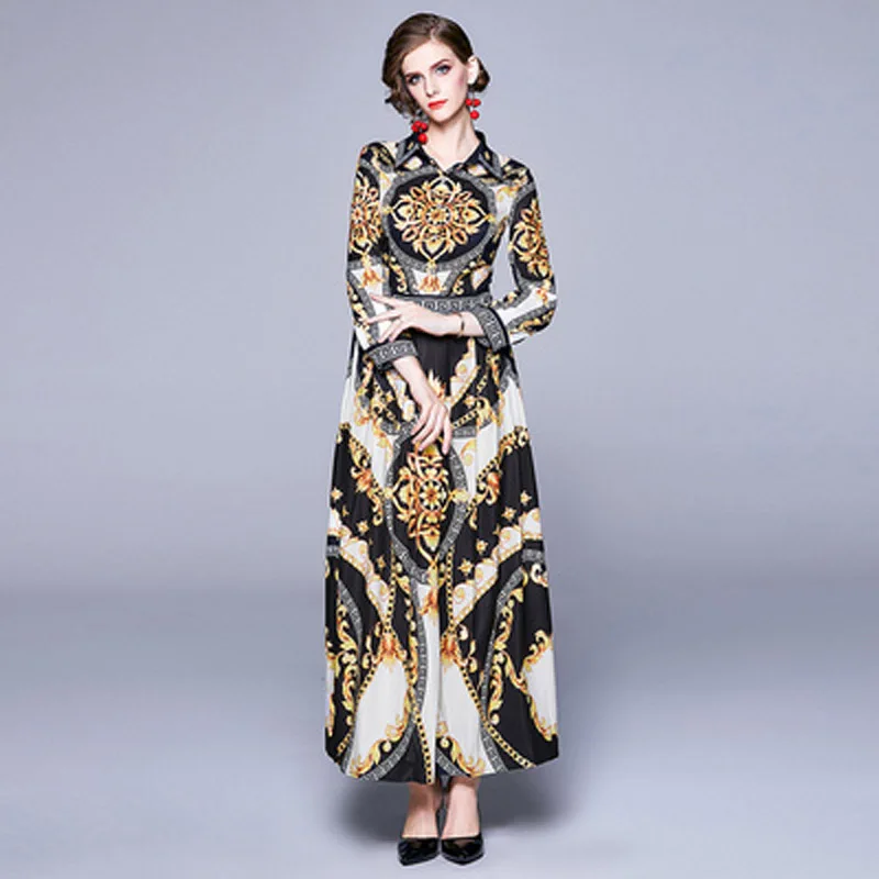 

QP3546075#European station fashion positioning printed long-sleeved dress