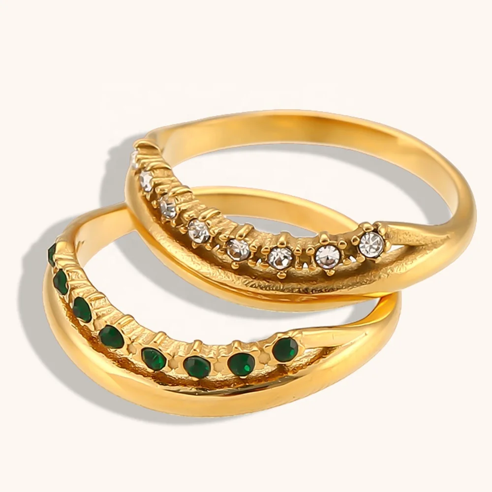 

Dingran Gold Plated Waterproof Jewelry Stainless Steel Double Layer White Green Zircon Stacking Rings