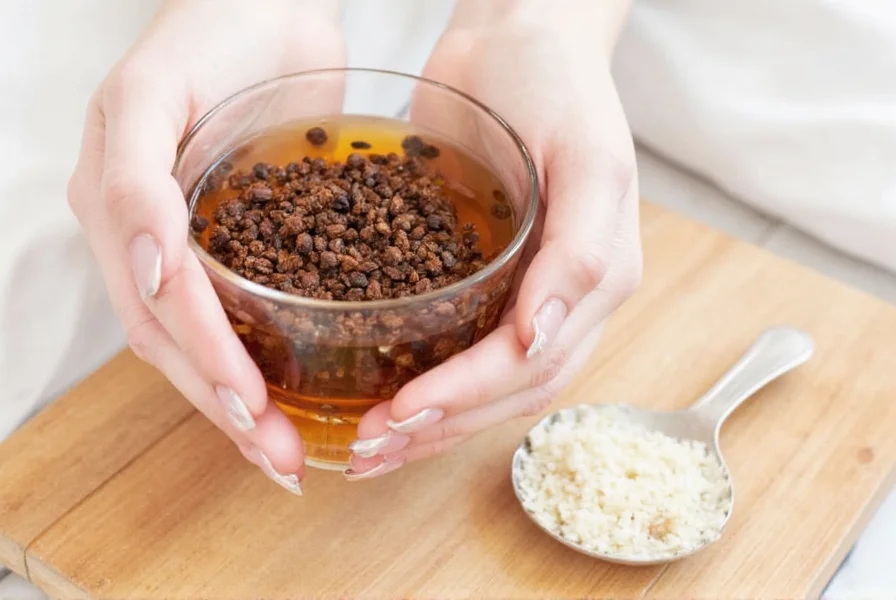 Schritt-für-Schritt-Zubereitung von Nelkenwasser mit ganzen Nelken, kochendem Wasser und fertiger Infusion in Glas