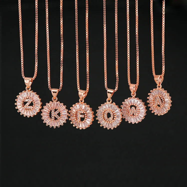 

NZ1004 Rose Glod Copper White Cubic Zirconia Diamond 26 Alphabet Letter Charm Pendant Necklaces A-Z Initial Necklace for Women