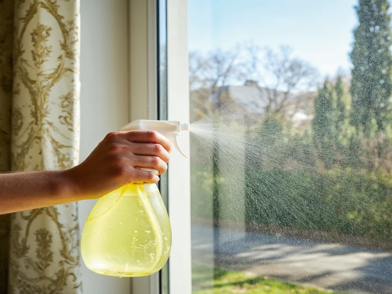 Spraying homemade glass cleaner on window