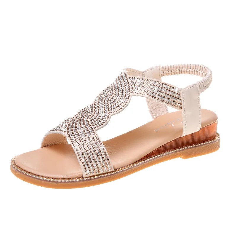 

Summer Simple Fashion Ladies Wedge Sandals Fish Mouth Open Toe Hollow Rhinestone Ankle Strap Women Sandals
