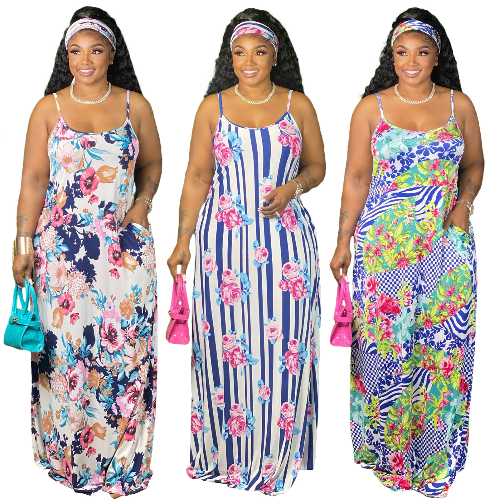 

New Arrival 2021 Spaghetti Strap Maxi Sling Dress Floral Printing Summer Casual Loose Sundresses Women with Scarf, Picture