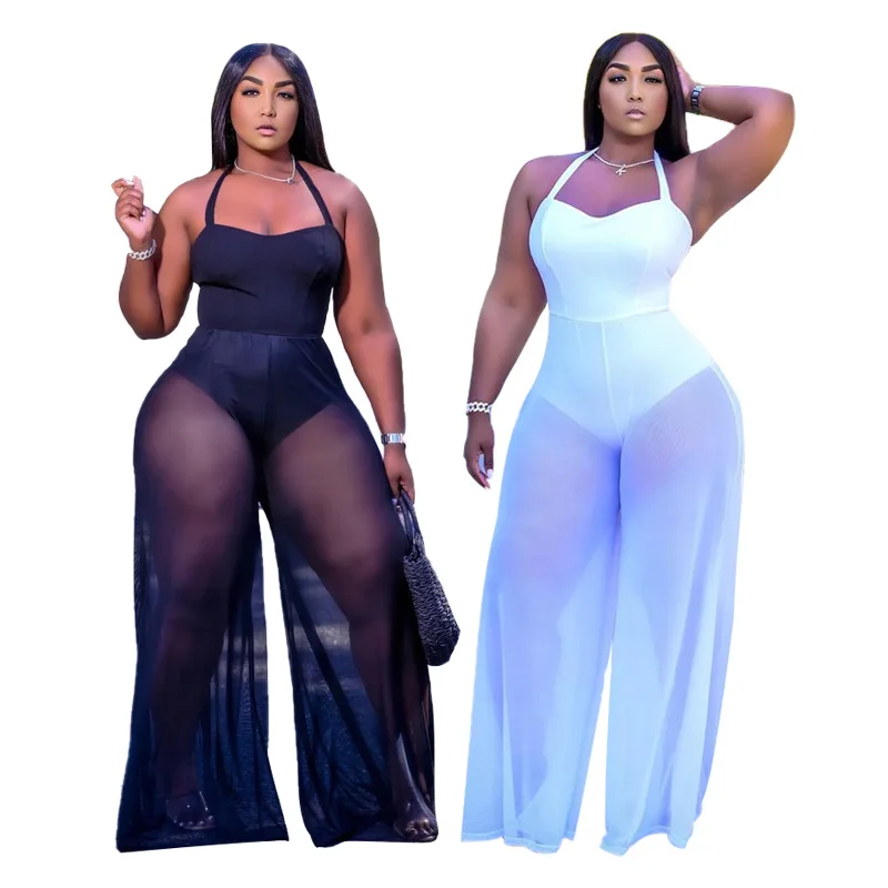 

Womens Clothing 2021 Plus Size Women Jumpsuits Rompers Chiffon Patchwork Strap Onepiece Flare Leg Pants Long Womens Romper, White , black