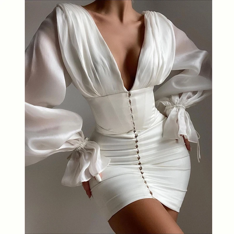 

2021 Summer Deep V Neck Lantern Sleeve Boned Corset Xs Clothing Elegent Fancy Satin Spring Casual Dresses Women Trendy, White