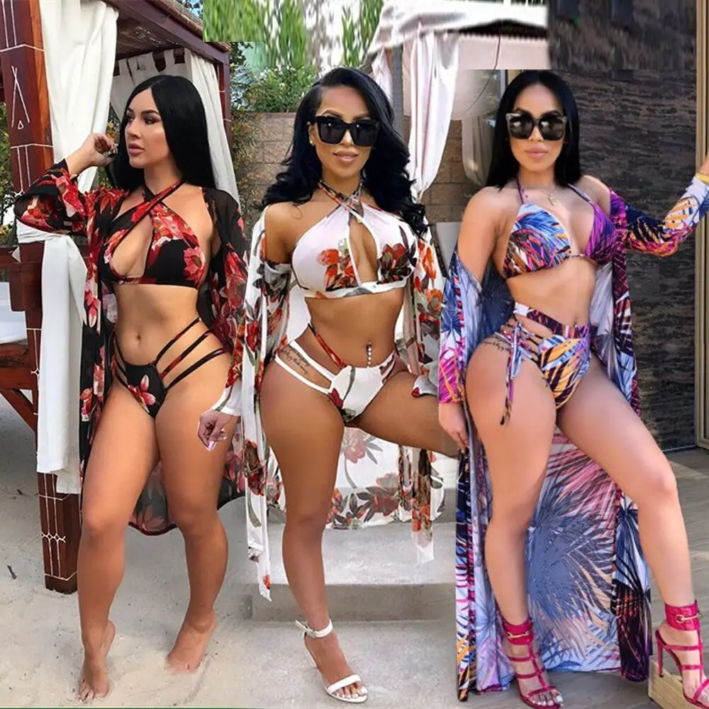 

2021 summer women clothing floral printed hollow out swimwear women 2021 swimwear woman 3 piece set, As picture