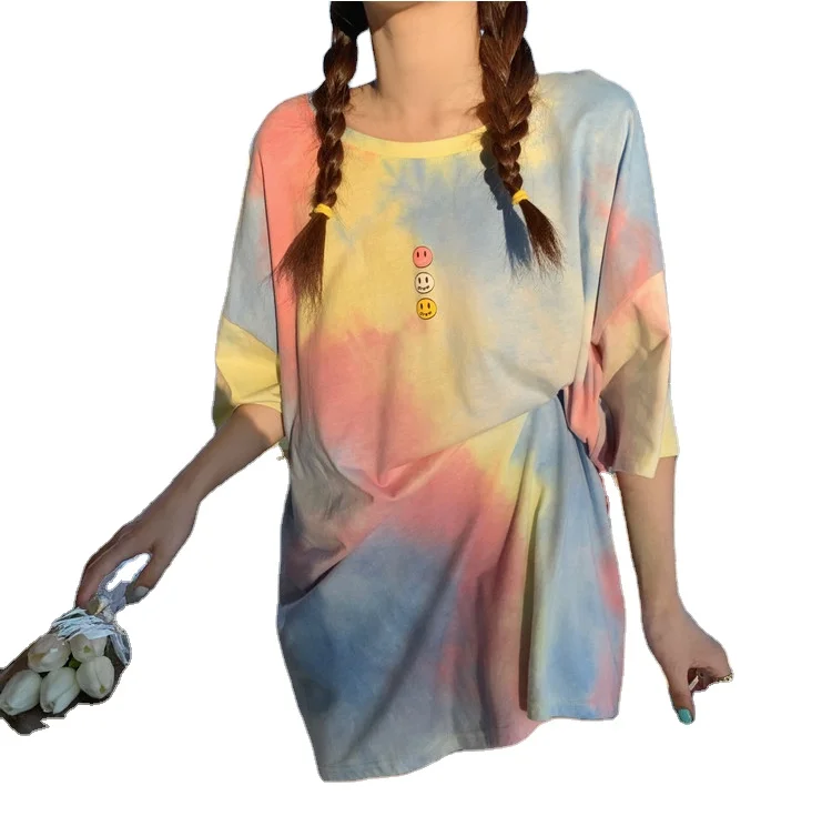 

Hot sale in Thailand plus size t-shirts tie-dyed Cartoon summer Short sleeve cotton girls' t-shirt graphic t shirts custom