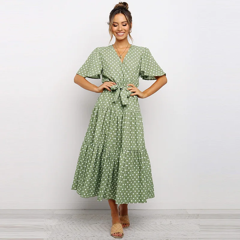 

New Women's Wholesale Dress Summer Pleated V-neck Short-sleeved Polka Dot A-line Dress, Picture color