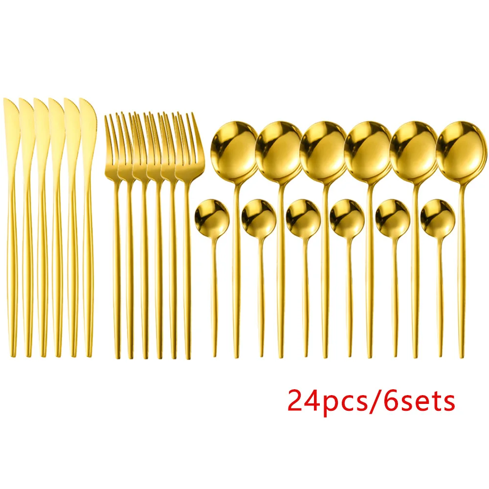 

24 Piece Gold and Black Korean Stainless Steel Cutlery Set For Gift Factory