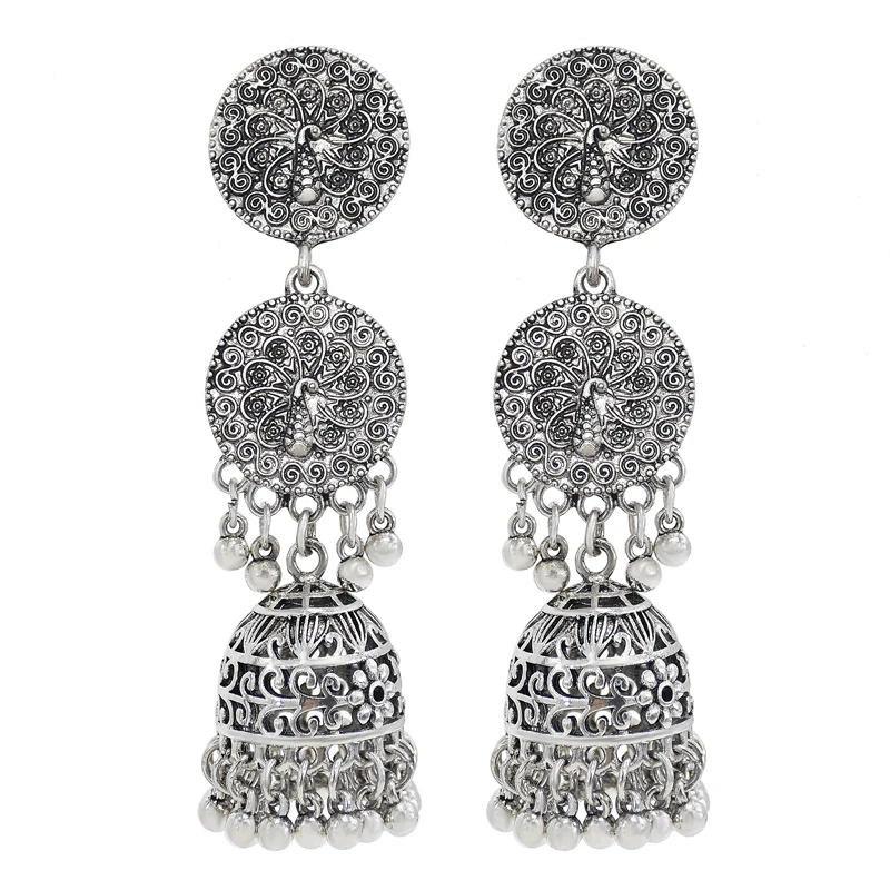 

Vintage Indian Earrings Peacock Pattern Bell Drop Dangle Earring for Women Fashion Silver Gold Jewelry Accessoires
