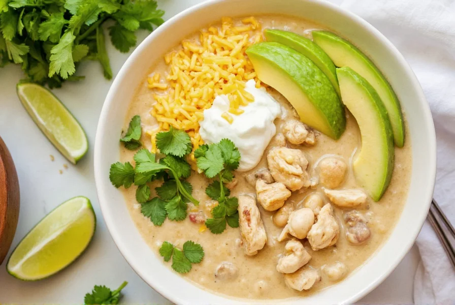White chicken chili served in bowl with toppings including avocado, cilantro, cheese, and lime wedge