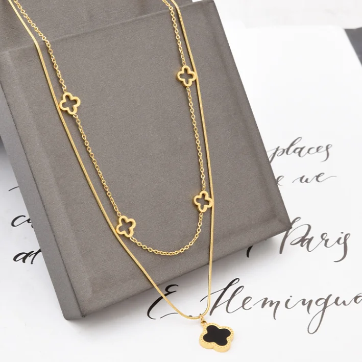 

Fashion Stainless Steel Necklace Double layer Hollow Four Leaf Clover Pendant Necklace For Women Fashion Jewelry Necklace