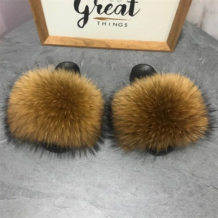 

Manufacture good quality fur slippers fur slides real racoon fur slides, Customized color