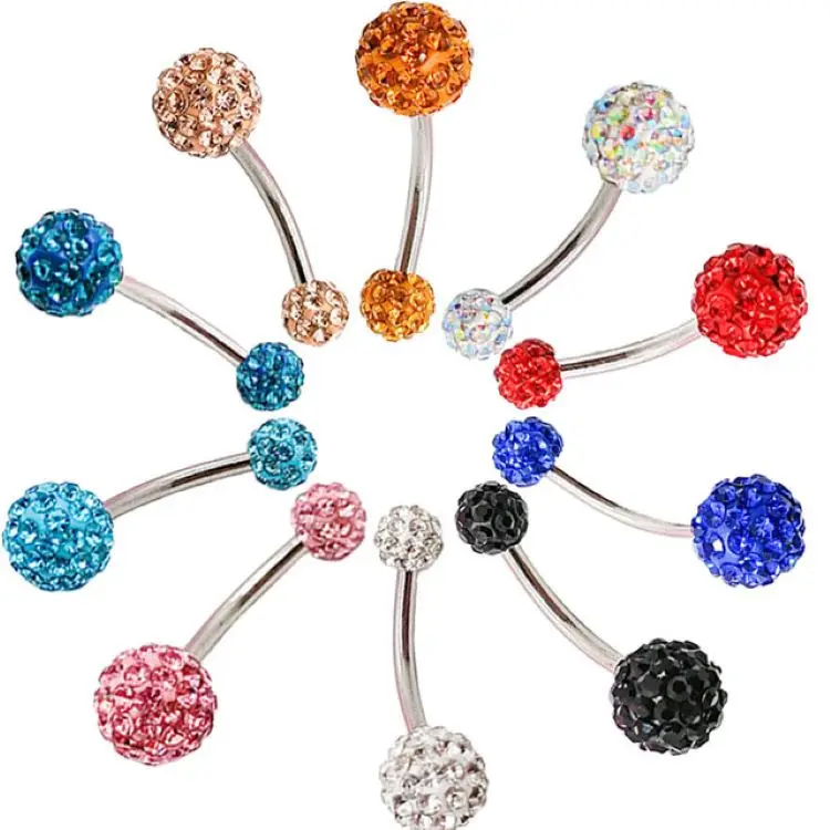 

New Arrvial Colorful Crystal Belly Navel Ring Sparkle Double ball set auger Fashion Belly Rings Stainless Steel for women, Red,blue,black,white ,pink,orange
