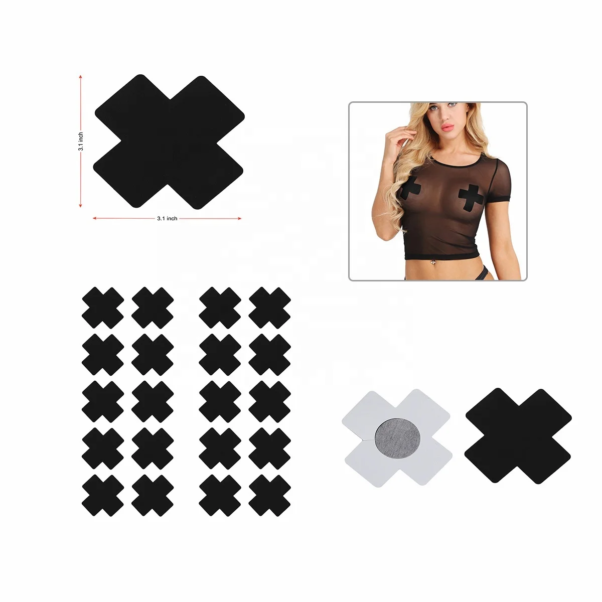 

Women Black Cross Self-Adhesive Disposable Satin Nipple Cover X Breast Pasties Stickers