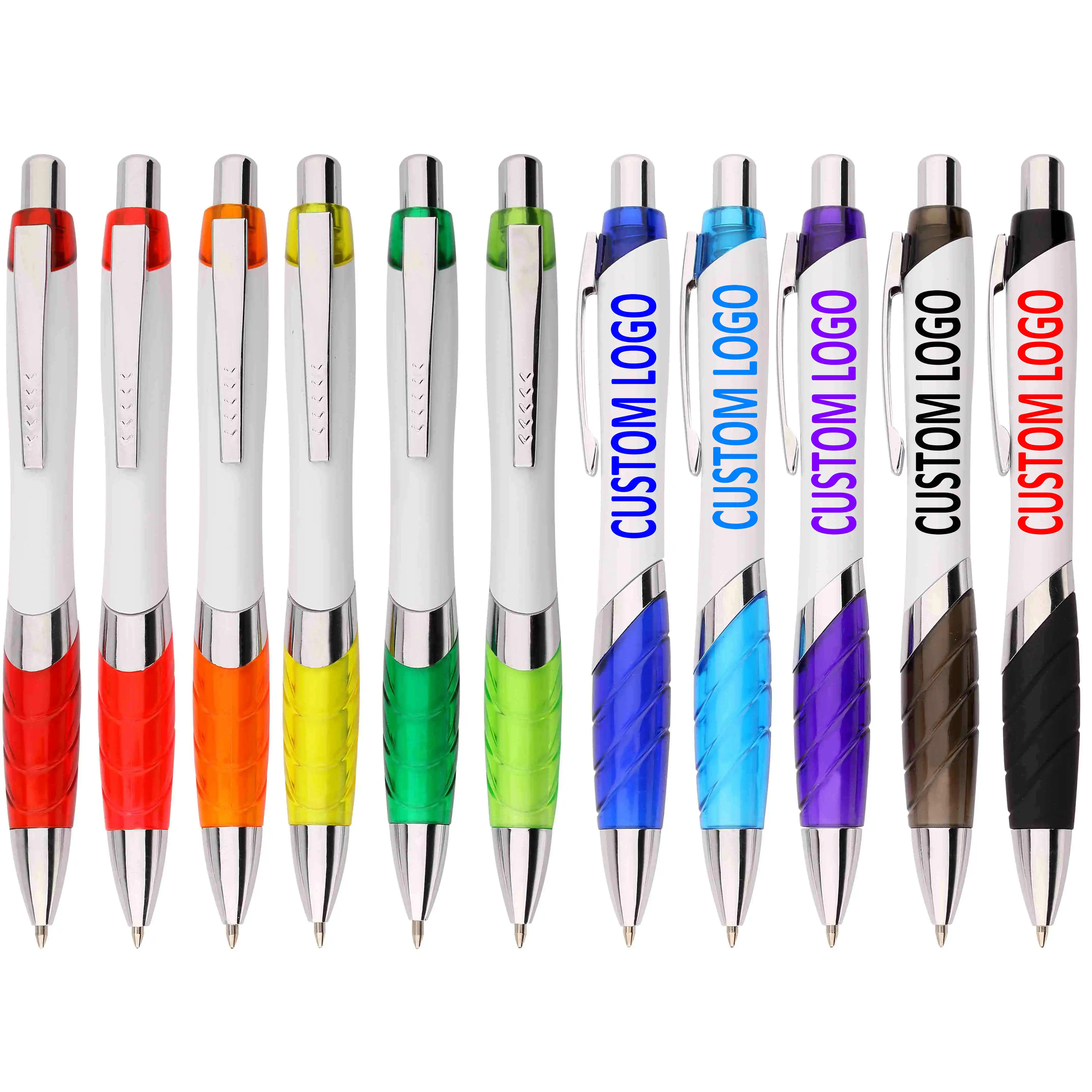 

China OEM custom Logo print Promo Pens Item Plastic White promotional Ball ballpoint Pen with colored Grip