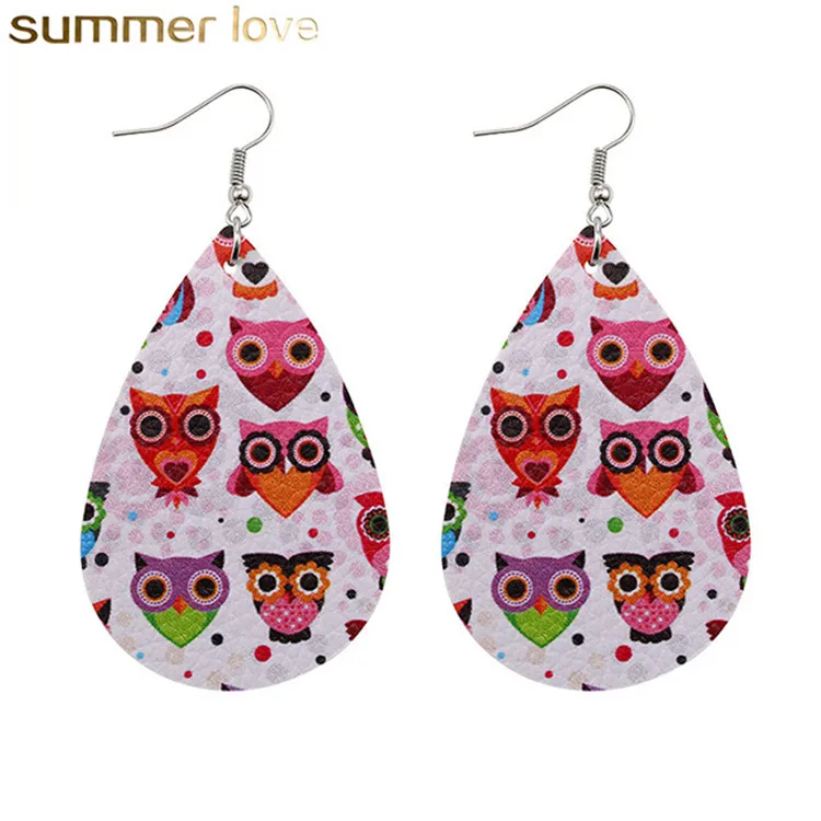 

Cute Teardrop Shape Animal Cartoon Pu Printing Leather Drop Dangle Earrings for Women Accessories Jewelry Party Gifts Wholesale, As picture
