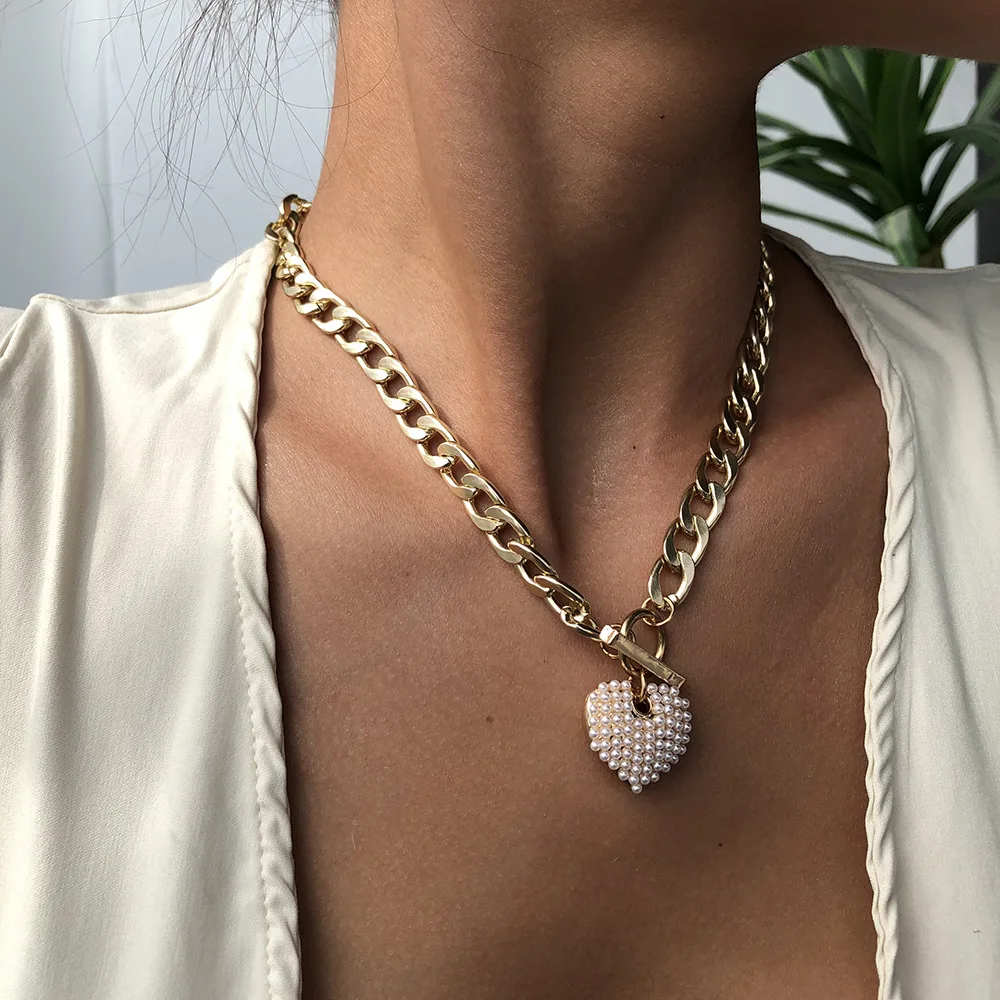 

Punk Style Gold Plated OT Clasp Thick Cuban Link Chain Heart Necklace Imitation Pearl Love Heart Pendant Necklace