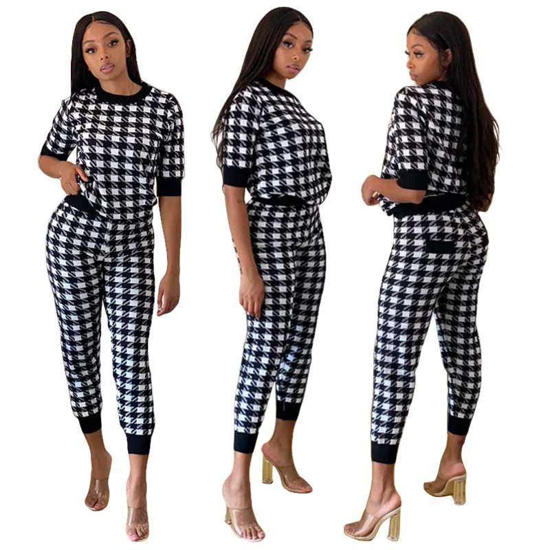 

Autumn 2020 new short sleeve Pants Set women print Plaid leisure sports two piece set