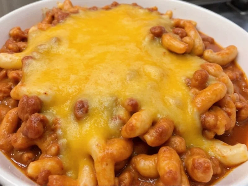 Homemade chili mac with melted cheese topping