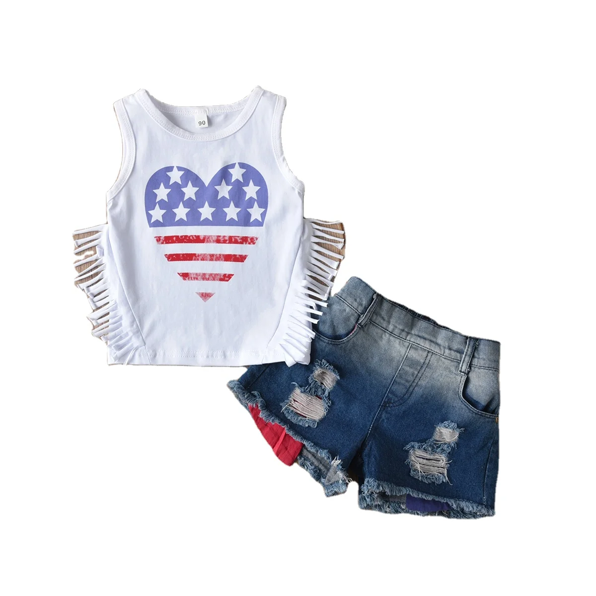 

5809 Children Kid Baby Girls Clothing Sleeveless Tassels Vest Top+ Hole Denim Jeans Shorts 2PCS Summer Toddler Clothes Set