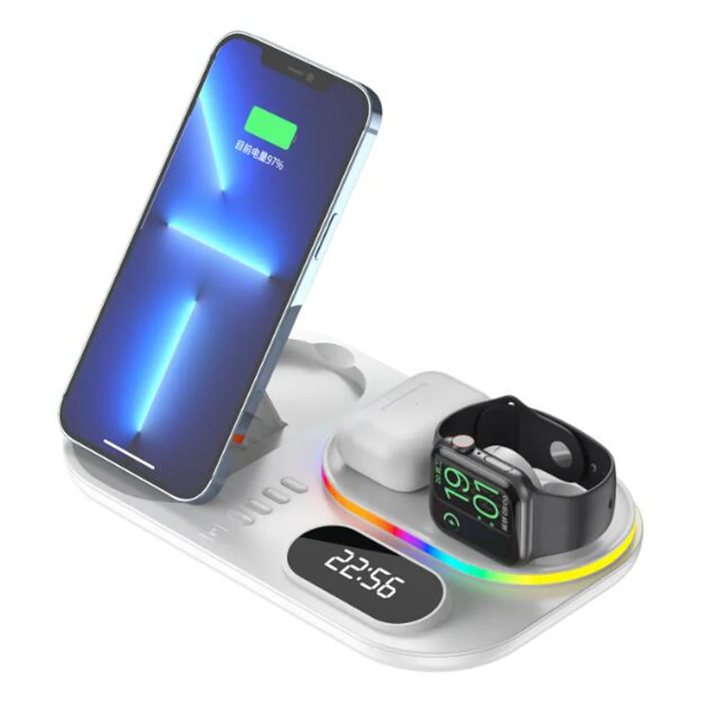 New Design Foldable 4 In 1 30W Fast Wireless Charging Station A06 with LED Lamp Digital Clock 6 in 1 Wireless Charger