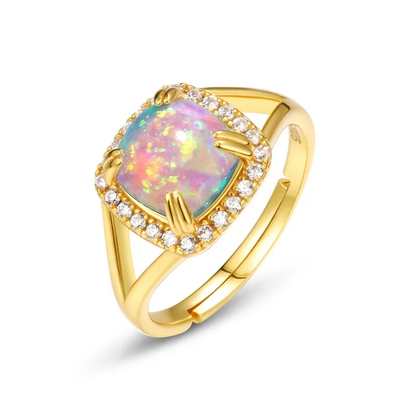 

Classic Sterling Silver Gemstone Adjustable Ring Simple Cubic Zirconia Gold Plated Square Synthetic Opal Rings For Women