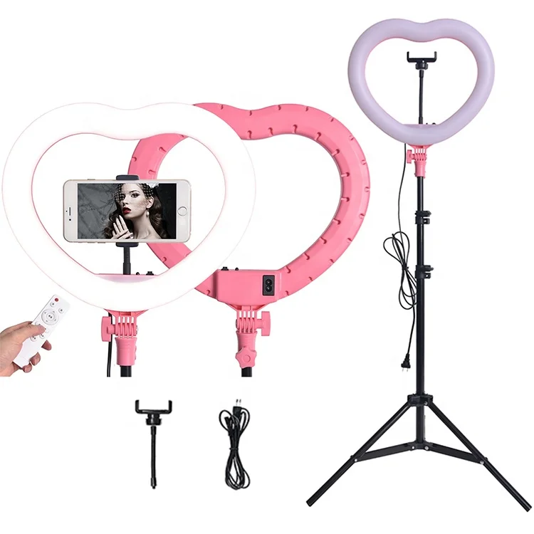 

Makeup With Phone Holder Flash Lamp Tripod Stand Selfie Dimmable LED Heart Shaped Ring Light, Black,pink