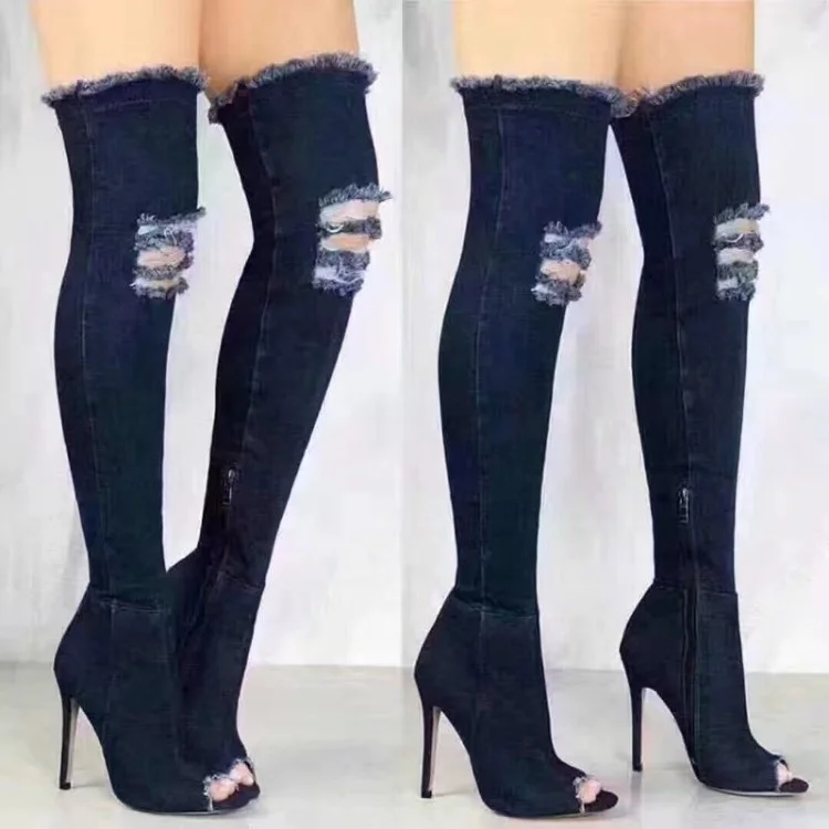 

2021 DLL Latest New Fashion thigh long knee high boots women jean shoes with hole fish mouth boots women shoes, As picture or customized make