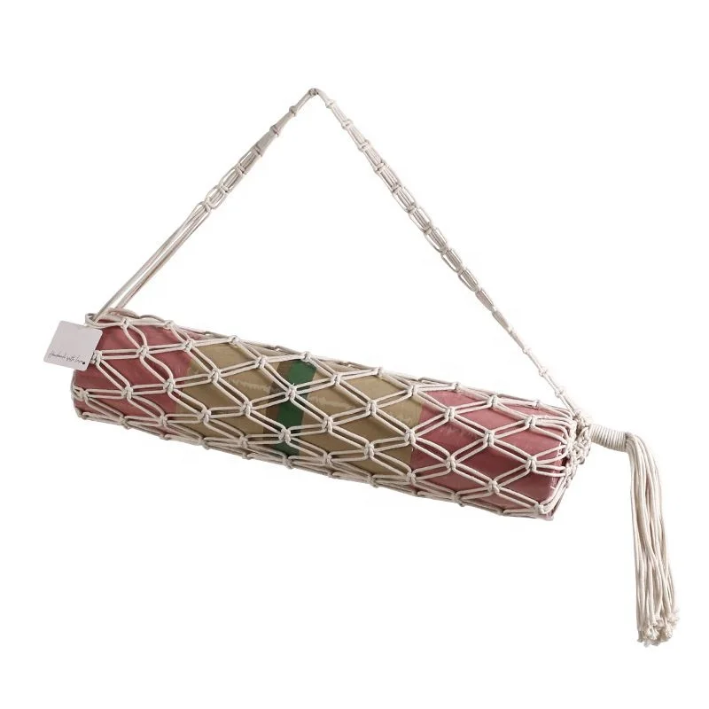 

New Arrival Boho Hand Woven Cotton Sports Macrame Bag Holder for Yoga Mat, White/beige