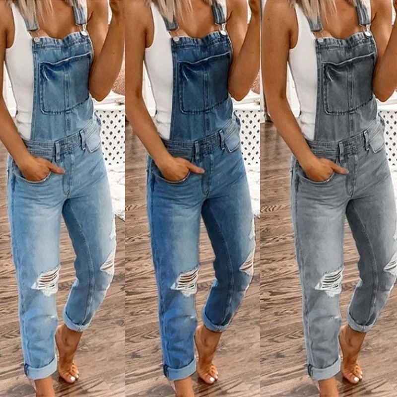 

2021 hot sale summer suspender trousers Cotton Ripped overalls Slim Fit Jumper Bib Casual Jeans woman breathable