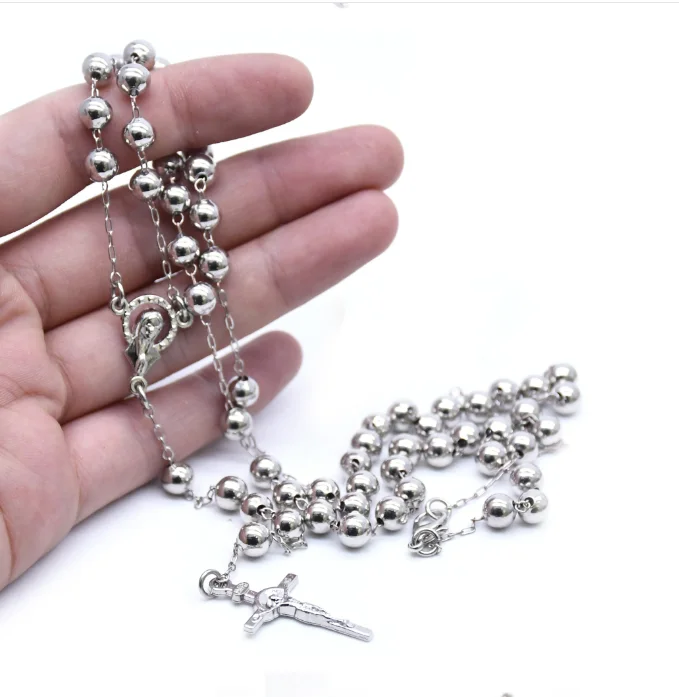 

2021 Komi 6mm Beads Religious Community Holy Virgin Mary Metal Cross Pendant Prayer Rosary Necklace