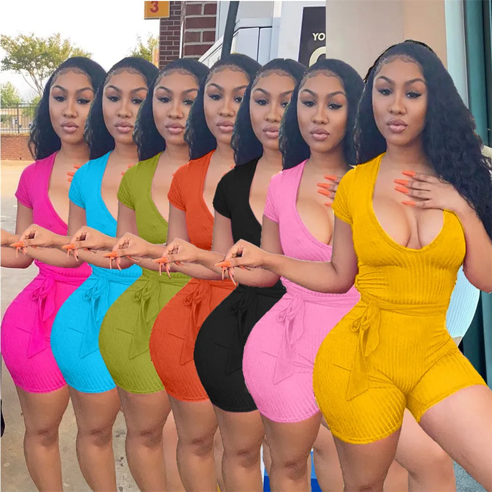 

GJ13031 Wholesale Women Solid Color Short Sleeve Jumpsuit Shorts Bodycon Knit Bandage Casual Women Rompers, 10 colors