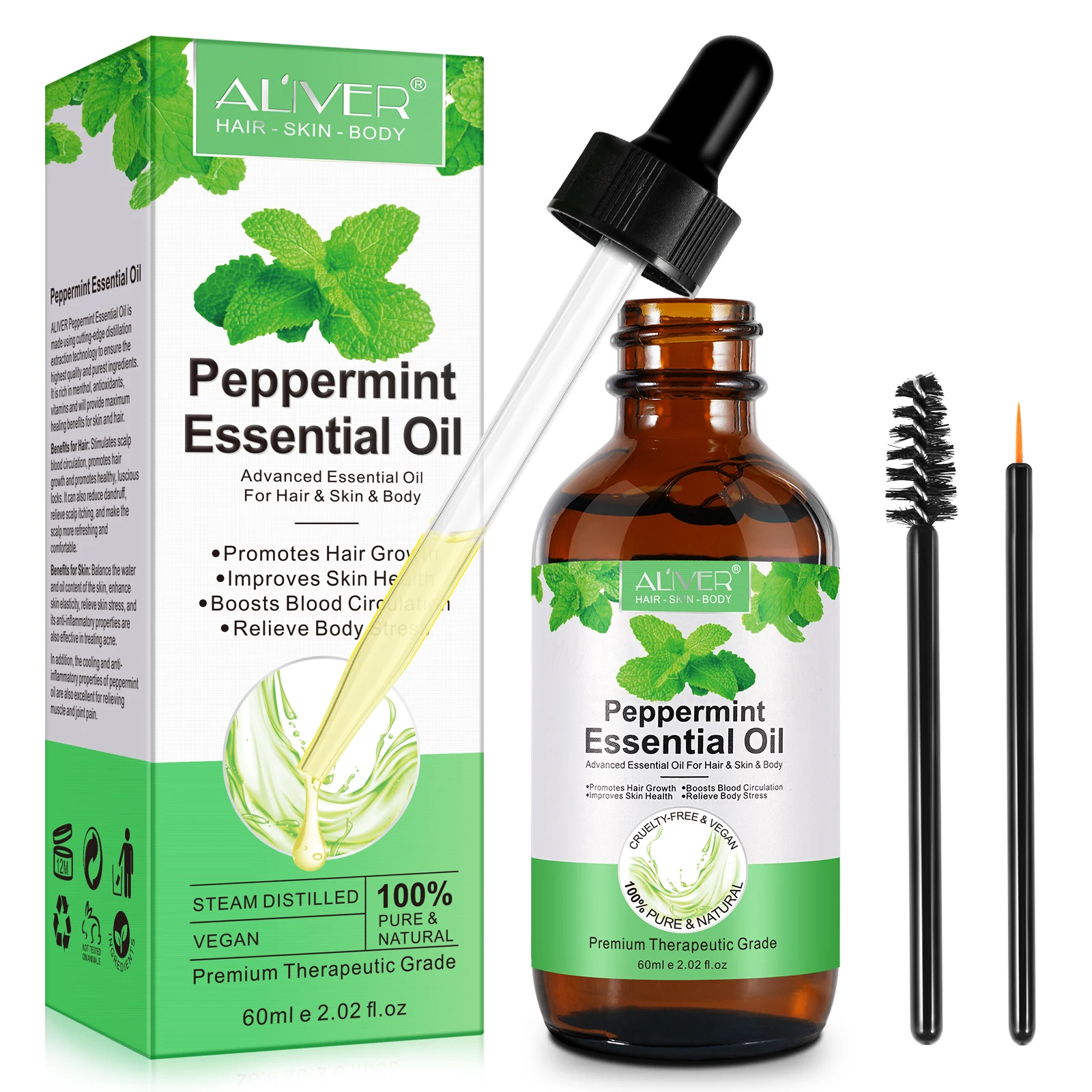 

Aliver Organic 100% Pure Natural Coily Hair Treatment Promotes Hair Growth Peppermint Essential Oil For Hair Skin Body