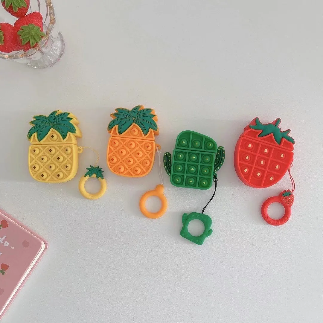 

Drop Shipping Hot Selling Stress Reliever Fruit Strawberry Pineapple Soft Silicone Fidget Bubble Case for Airpods 1 2