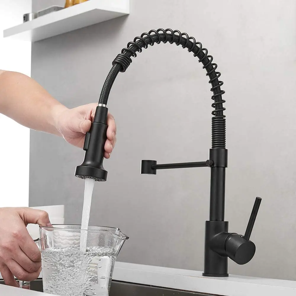 

Kitchen Faucets Commercial Solid Brass Single Handle Single Lever Pull Down Sprayer Spring Kitchen Sink Faucet Matte Black FLG