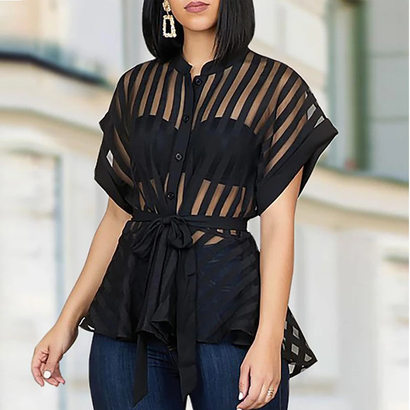 

Summer Black Long Elastic Waist Striped Loose See Through Lady Blouse