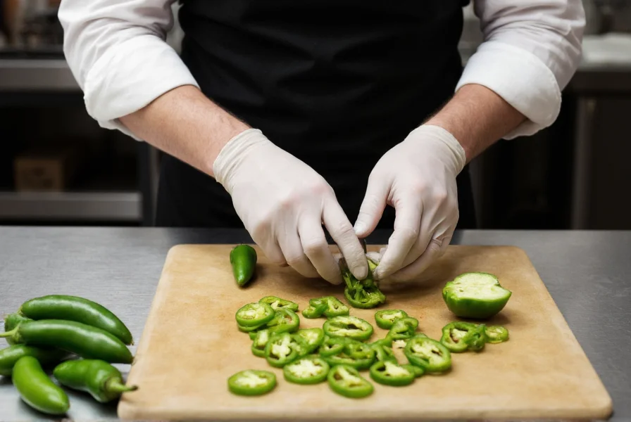 Professional chef wearing gloves while carefully slicing fresh green serrano peppers on a stainless steel cutting board with proper ventilation