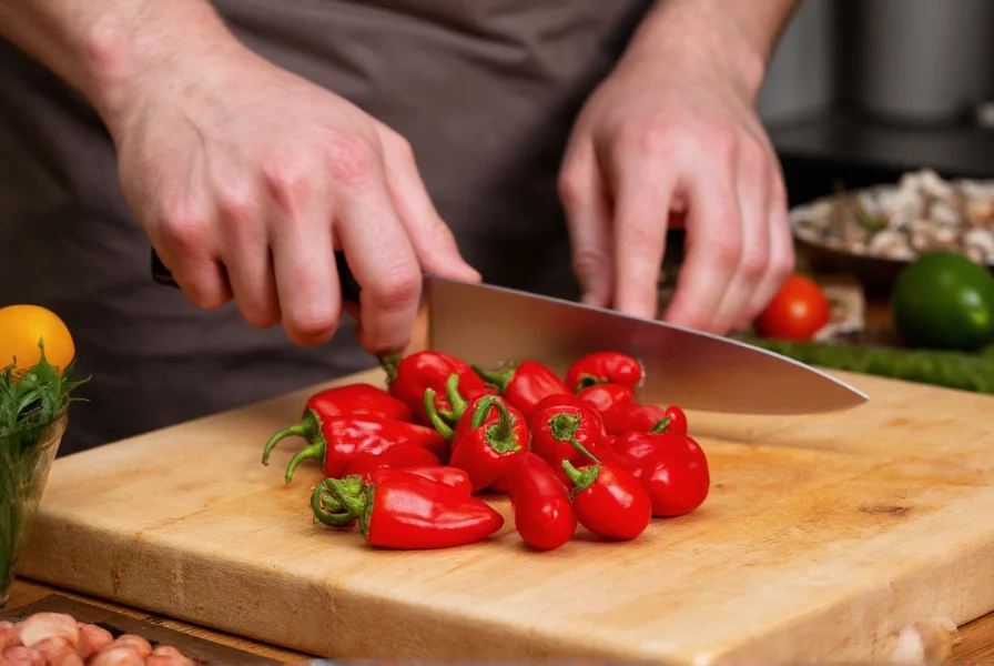 Chef's hand chopping red bird chili peppers on wooden cutting board