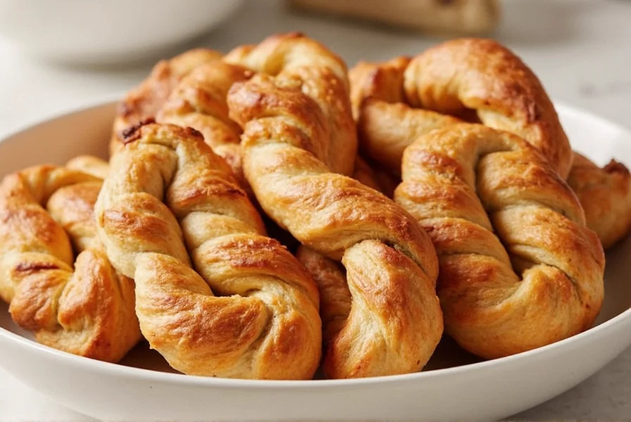 Assortment of creative cinnamon bread twists variations on rustic wooden board