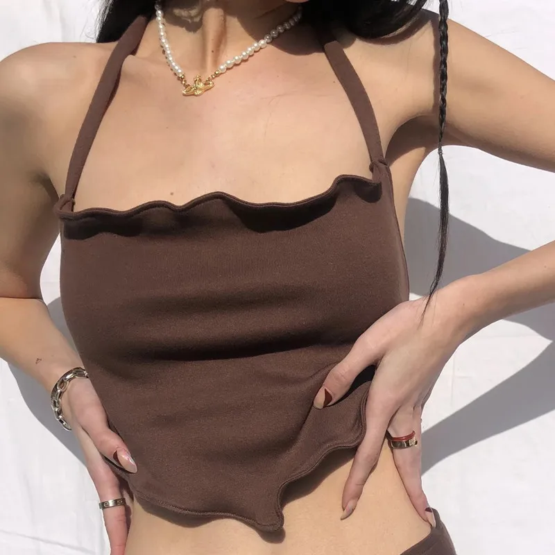 

solid color cowl neck women sleevless halter backless top, Green/brown/blue