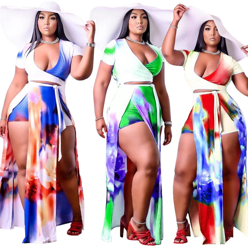 

2021 Summer Tie Dye Floral Print Long Short Sleeve Plus Size 2 Piece Set Women Dresses