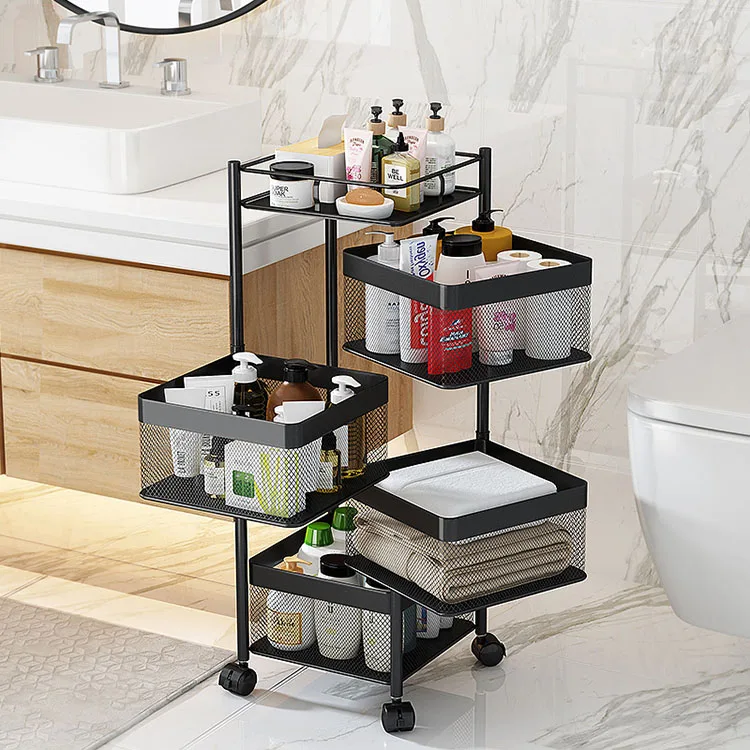 

Kitchen vegetable rack square movable multi-layer rotating vegetable basket storage rack household steel fruit rack, Black