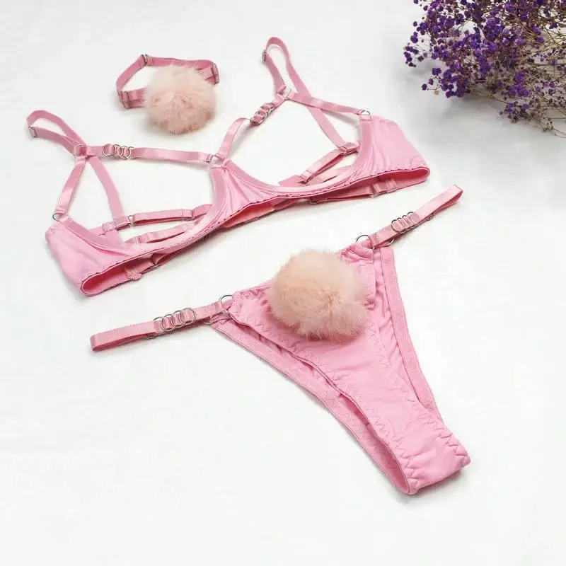 

New fashion sexy gathering bra halterembroidered ball Lingerie Set, Pink