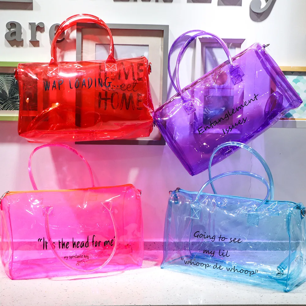 

Customize Blue Transparent Holographic Spennanight Bags With Logo Pvc Hologram Pink Overnight Duffle Clear Duffel Bag Jelly Bags, Many colors options