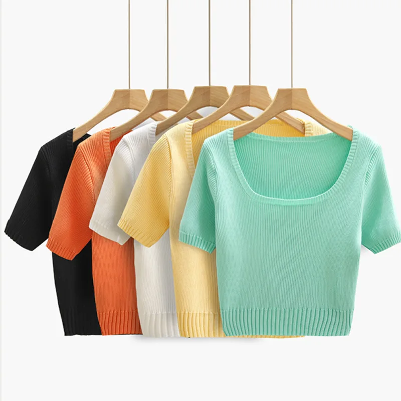 

B55013A Women knitted t shirt summer slim short sleeve tops fashion square collar women's top t-shirts, White/yellow/green/black/orange