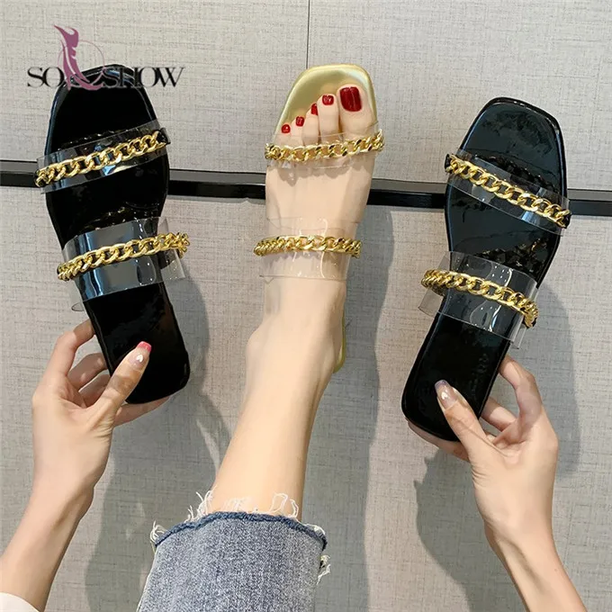 

China fashion flat shoes with metal chain decorated sandals lady sandals and slippers