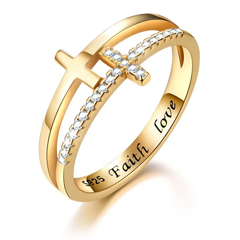 

Isunni Double Cross 925 Sterling Silver Gold Plated Cubic Zirconia Ring For Women