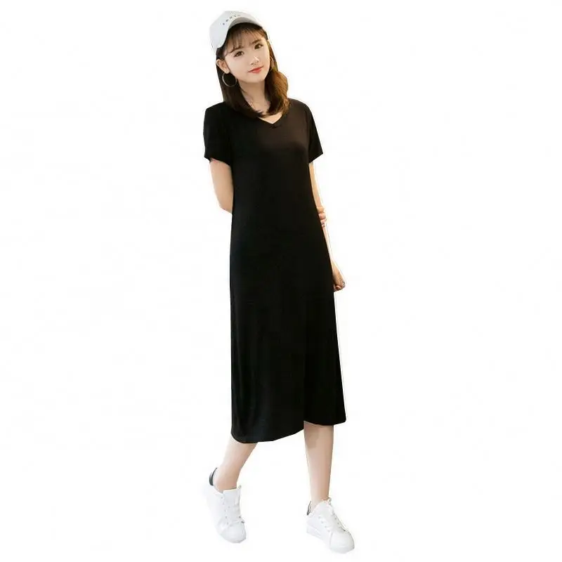 

Summer large size short-sleeved stripe dress female 2021 new v-neck bottoming small black dress summer slim modal dress